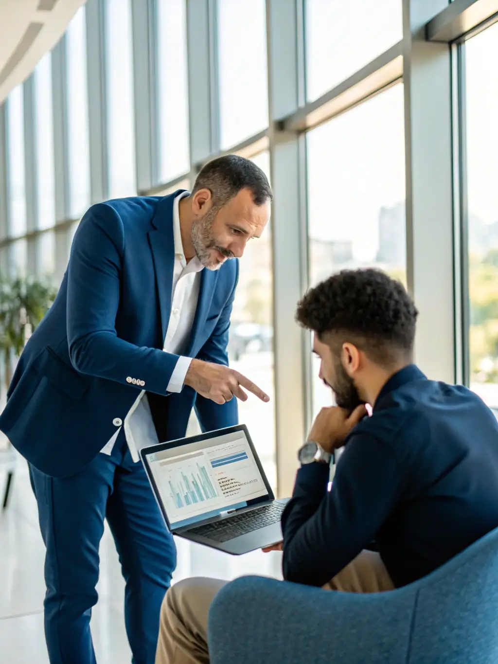 A professional consultant from Veriva is shown presenting a detailed data protection strategy to a client in a modern office setting, emphasizing Veriva's expertise.