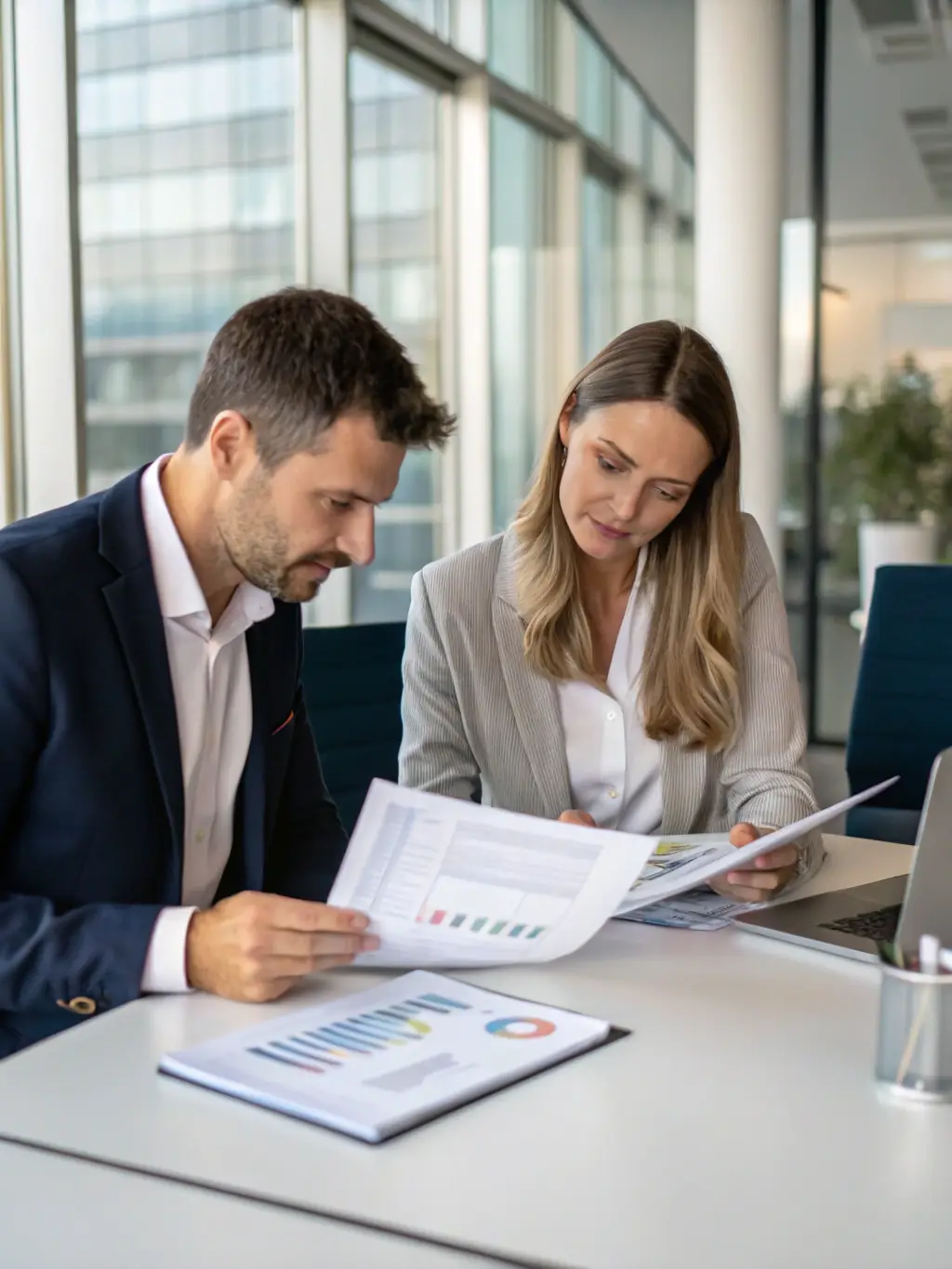 An image showing a professional consultant discussing GDPR compliance with a client, with documents and a laptop on the table.
