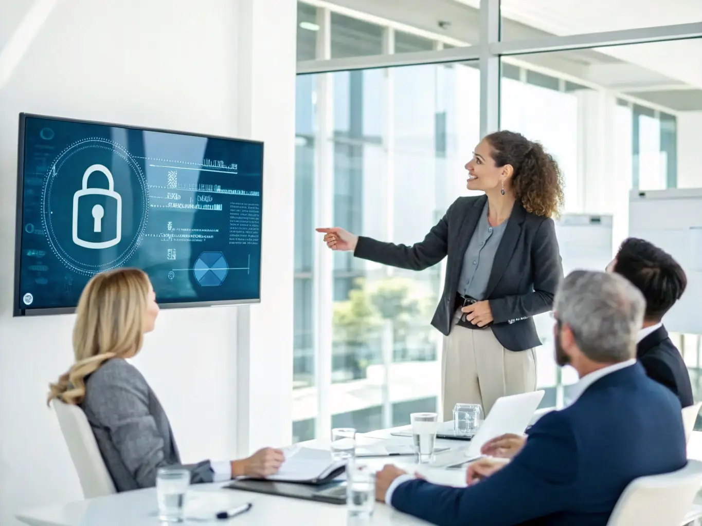A professional giving a presentation on GDPR compliance to a group of employees in a modern office setting, emphasizing the importance of data protection and privacy.