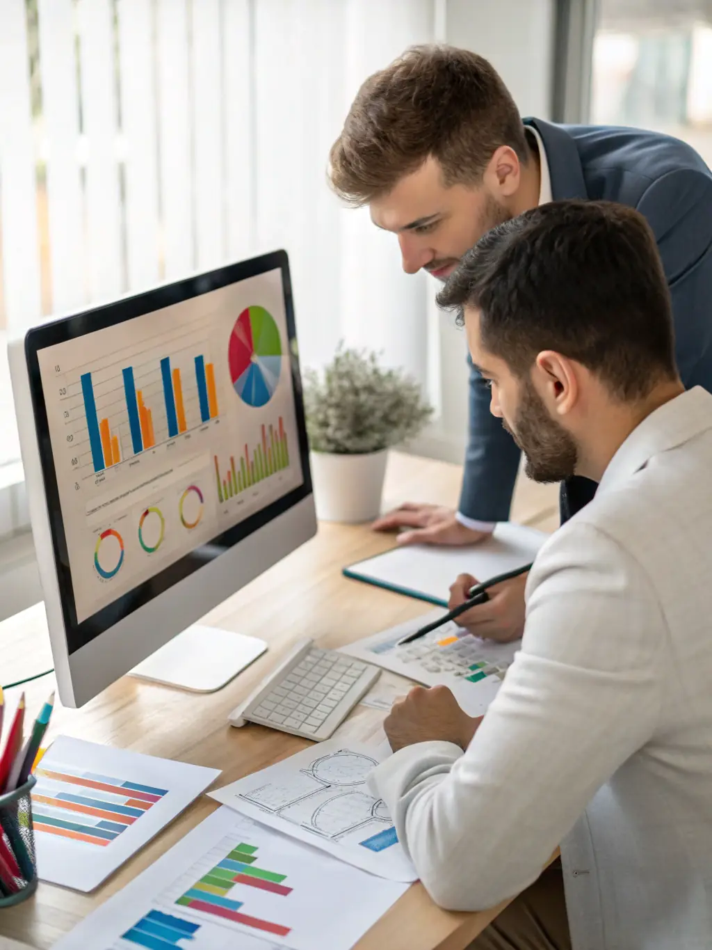 An image illustrating a data audit process, with professionals reviewing data logs and security protocols on a tablet.