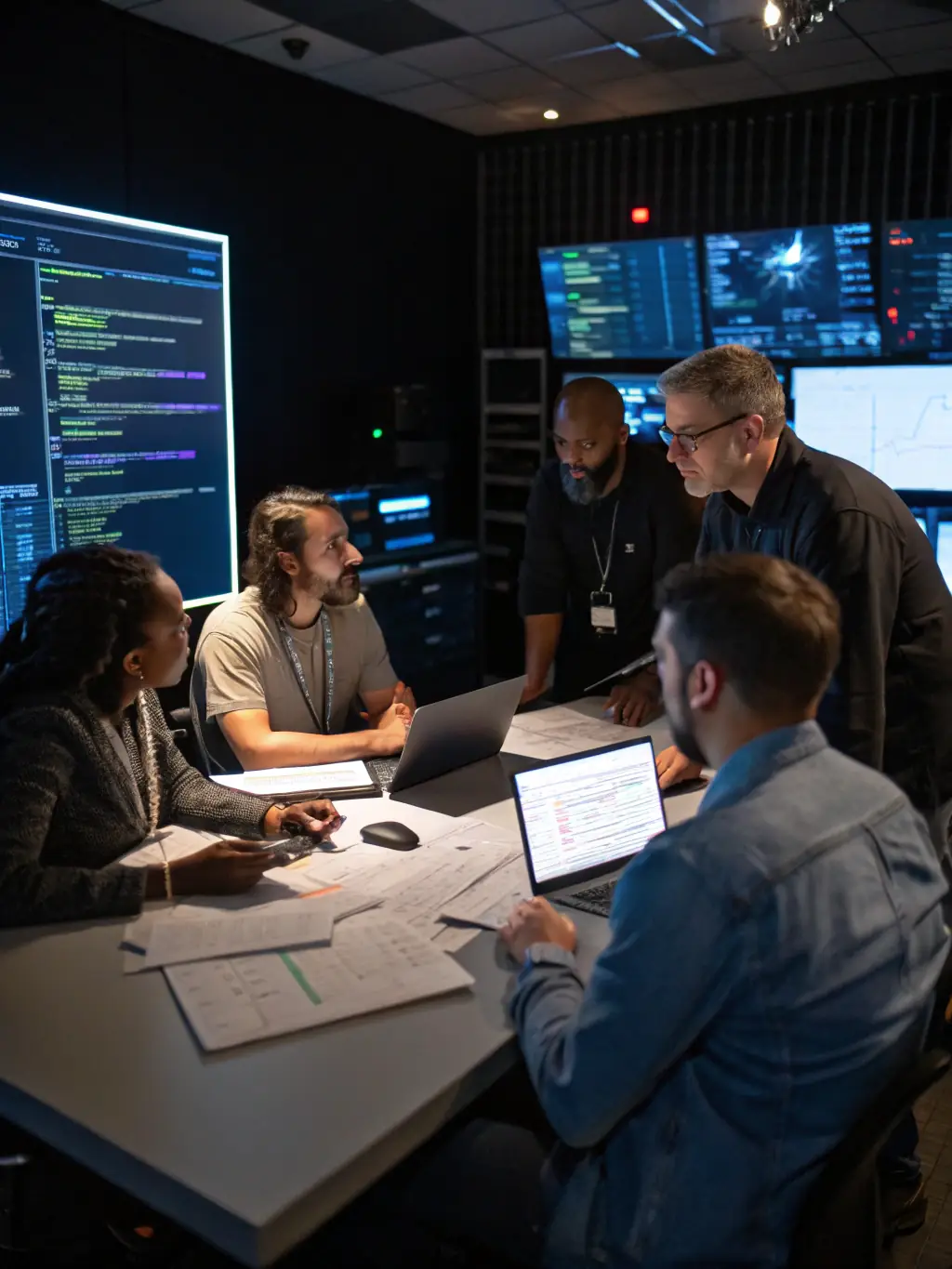A diverse team of cybersecurity experts at Veriva is collaborating on a complex network security architecture, showcasing their comprehensive service offerings.