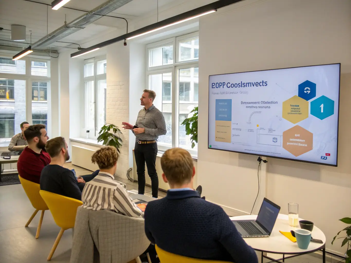 A trainer is conducting an interactive GDPR training session for employees, using visual aids and real-world examples to explain key concepts and responsibilities.