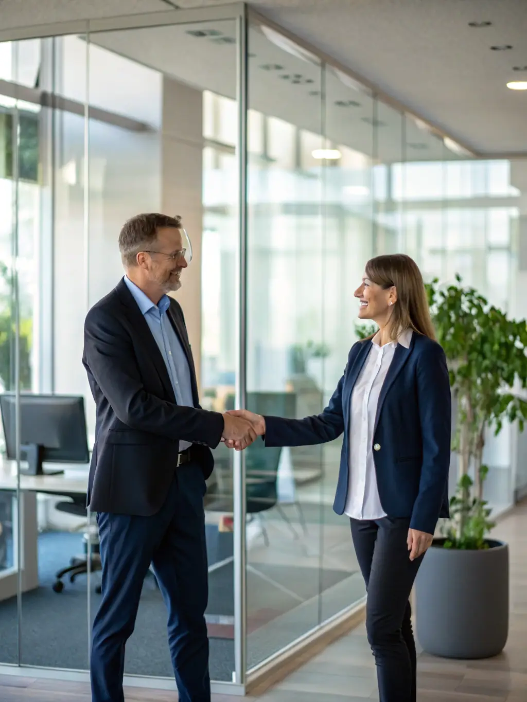 A satisfied client is shaking hands with a Veriva consultant, symbolizing the successful implementation of a data protection solution and Veriva's dedication to client success.
