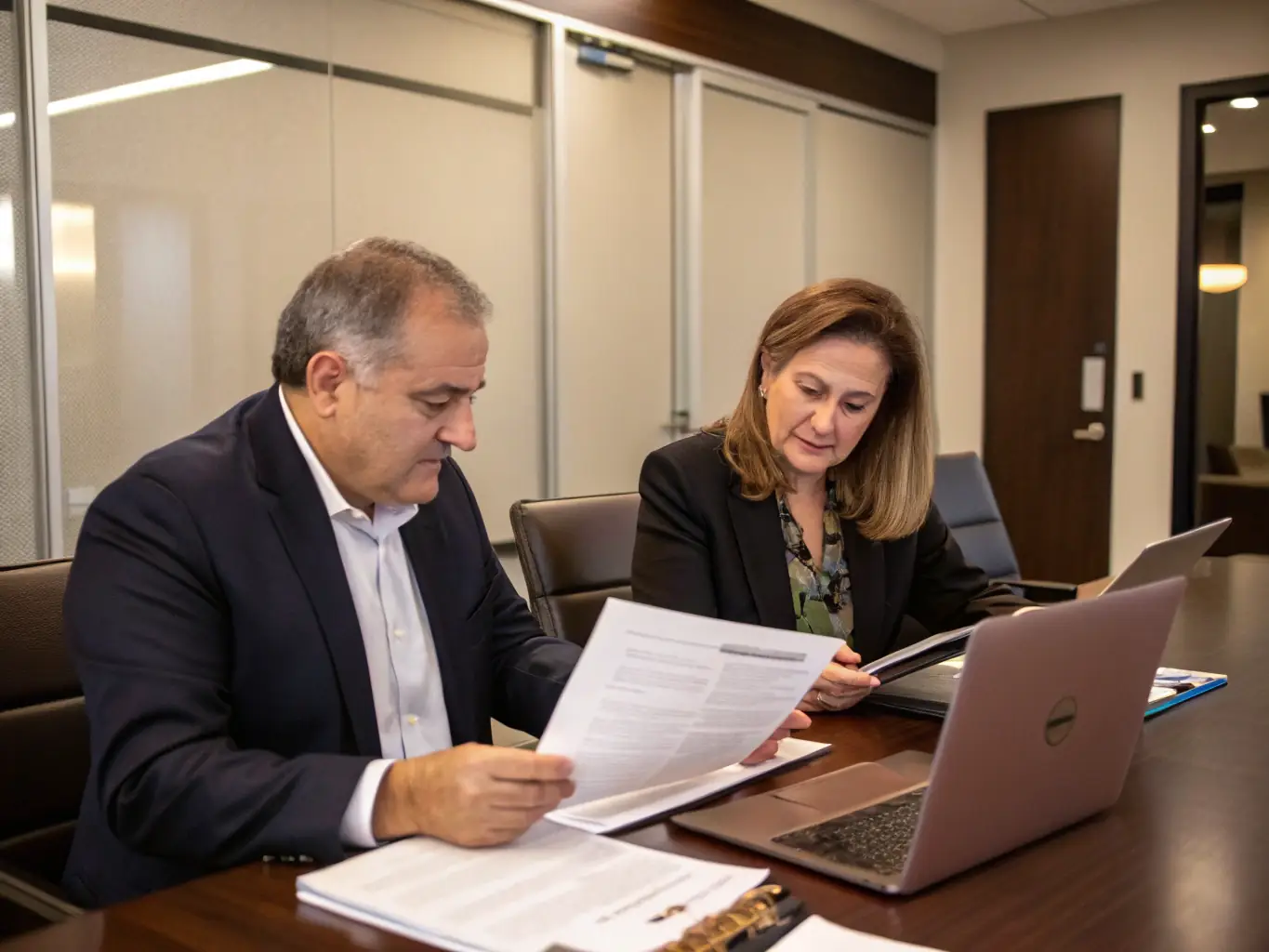 A professional in a suit is consulting with a business owner in a modern office setting, discussing data protection strategies and compliance requirements, with a focus on GDPR.
