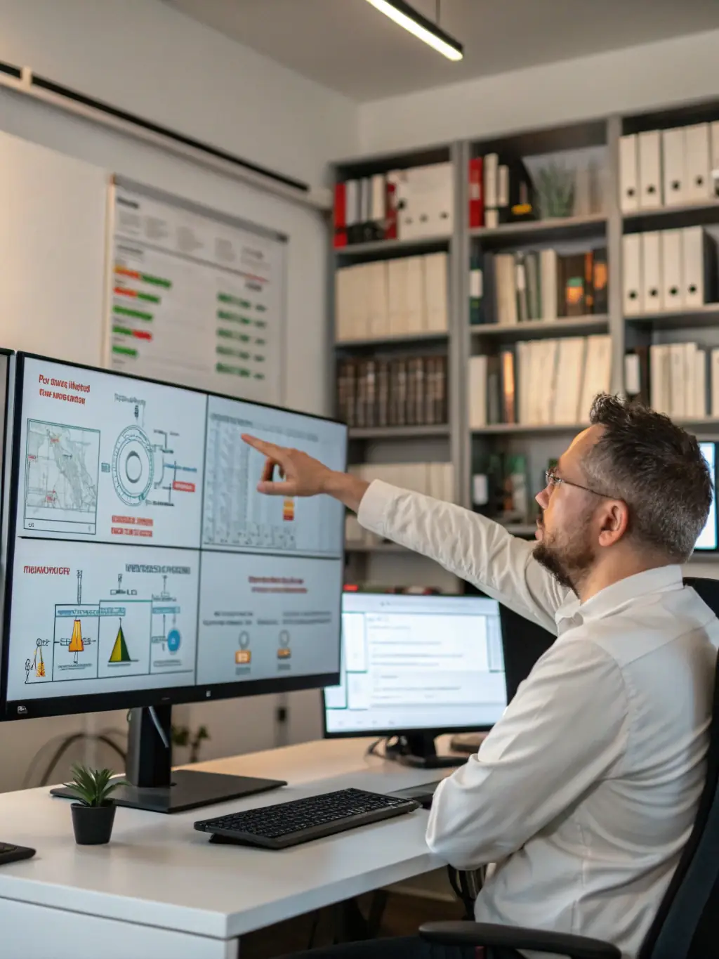 A professional cybersecurity consultant conducting a risk assessment for a client, using a tablet to review data and identify potential vulnerabilities in their IT infrastructure.