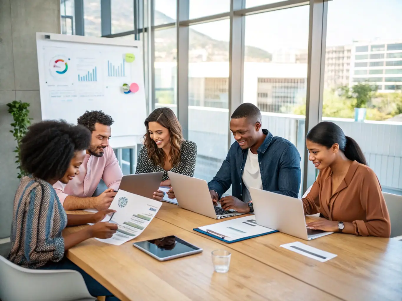 A group of professionals are participating in a GDPR compliance training session, with laptops and documents spread across the table, in a bright and modern conference room.