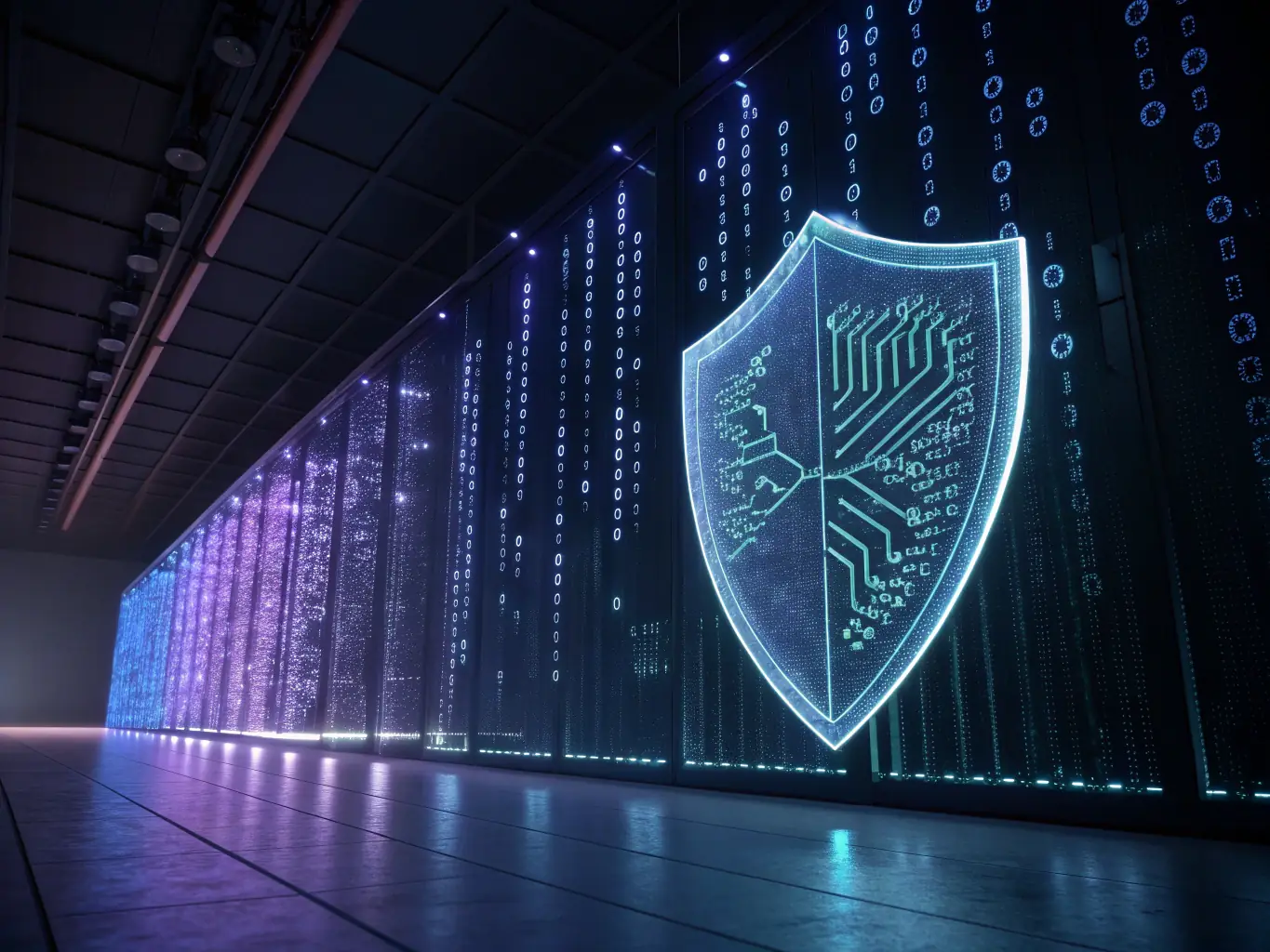 A digital illustration of a shield with a lock icon inside, symbolizing cybersecurity, surrounded by binary code and network connections.