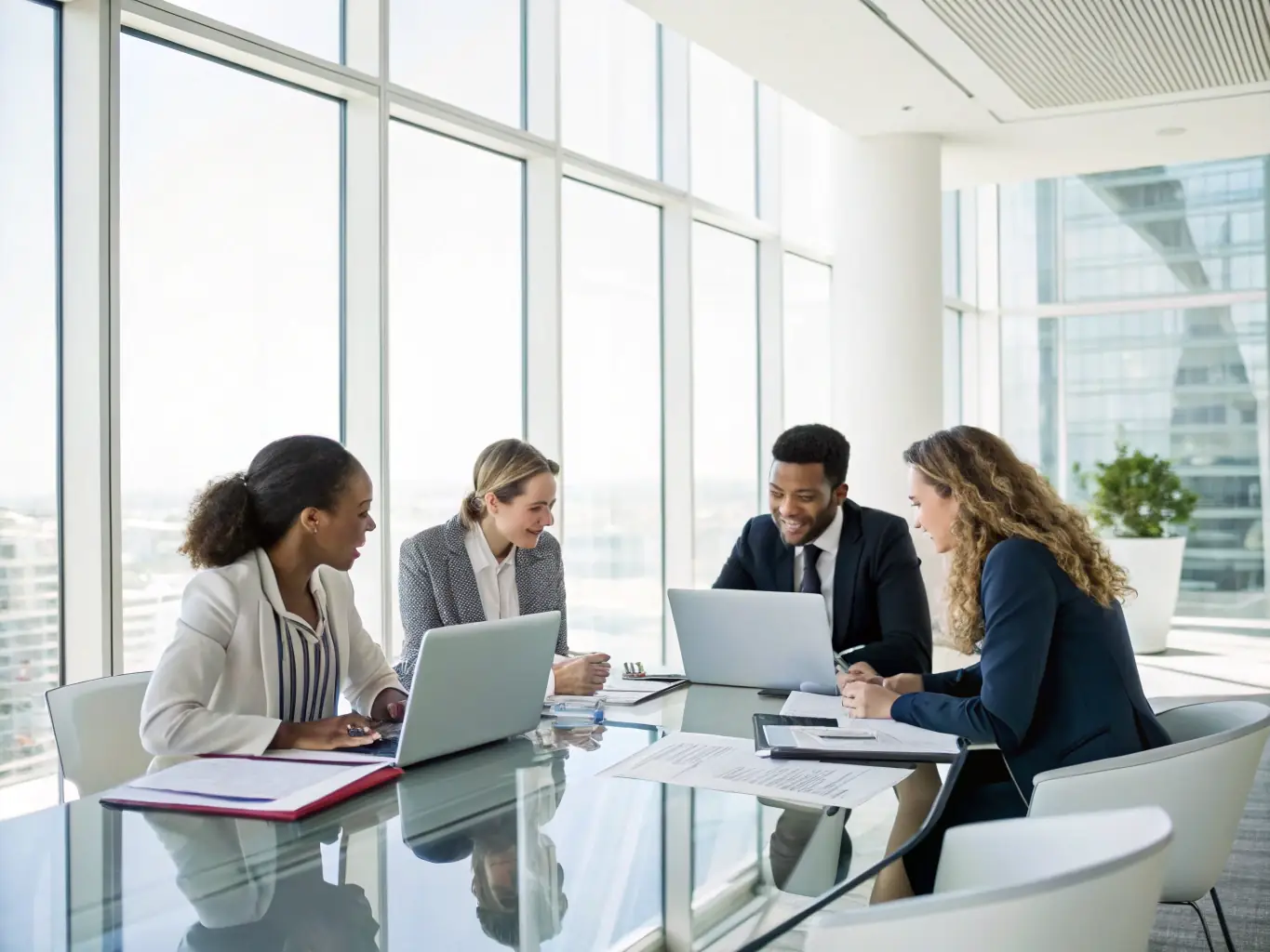 An image depicting a diverse team of Veriva consultants collaborating on a customized data protection strategy in a modern office setting, emphasizing the personalized approach to client solutions.