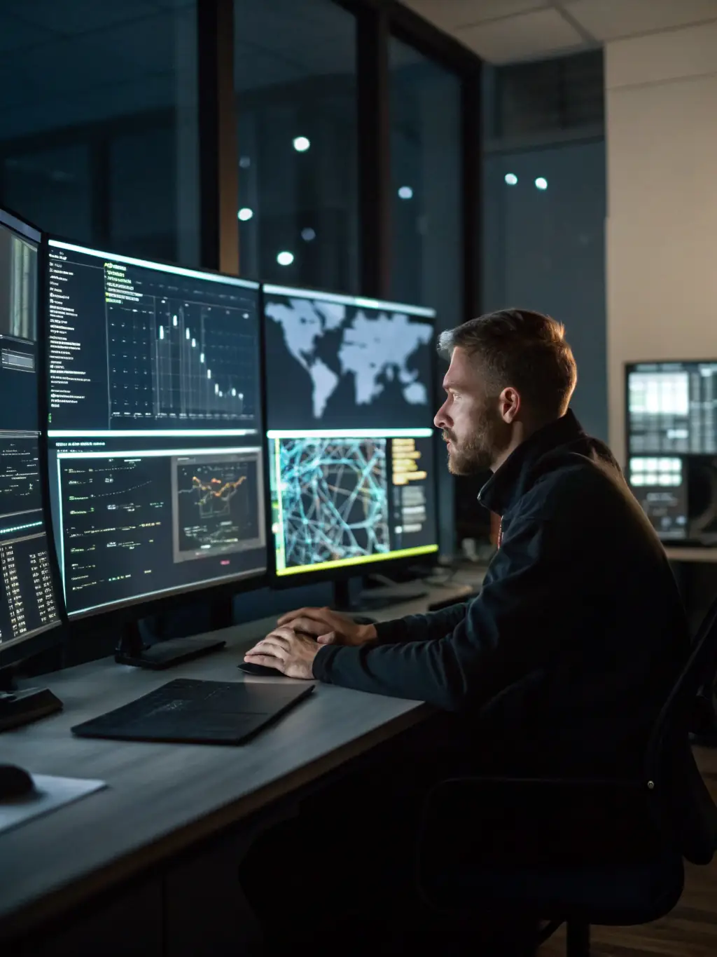 A professional photo of a cybersecurity expert conducting a network vulnerability assessment, using specialized software to scan for weaknesses in a company's IT infrastructure, emphasizing Veriva's cybersecurity audit capabilities.