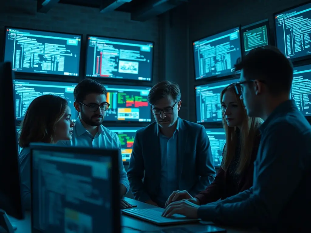 A diverse team of cybersecurity professionals is collaborating in a modern security operations center, monitoring network traffic and responding to potential security incidents.